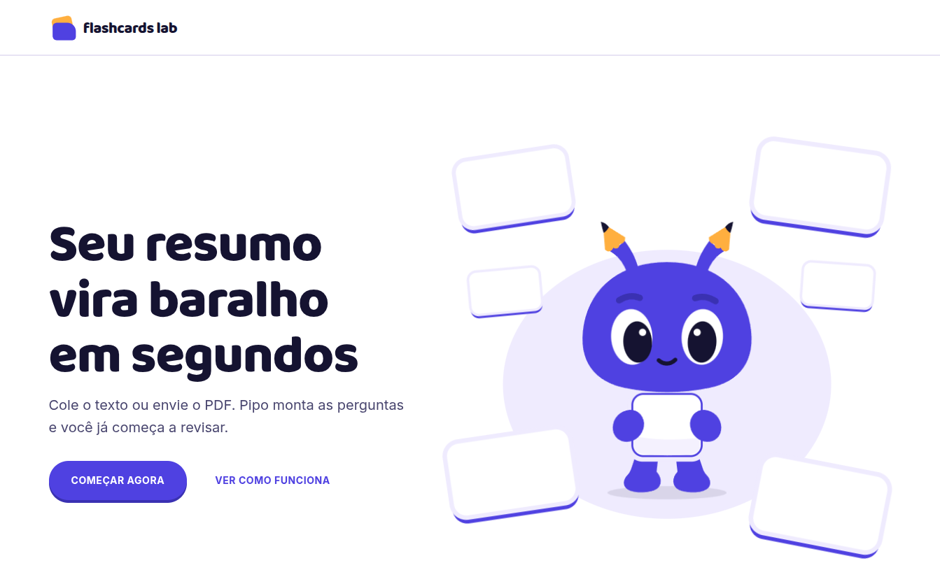 Interface do Flashcards Lab exibindo flashcards de estudo gerados por inteligência artificial.